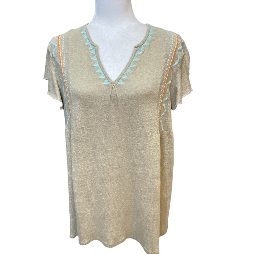 Sundance Embroidered V-neck Linen Raw-edge Flutter Sleeve size L